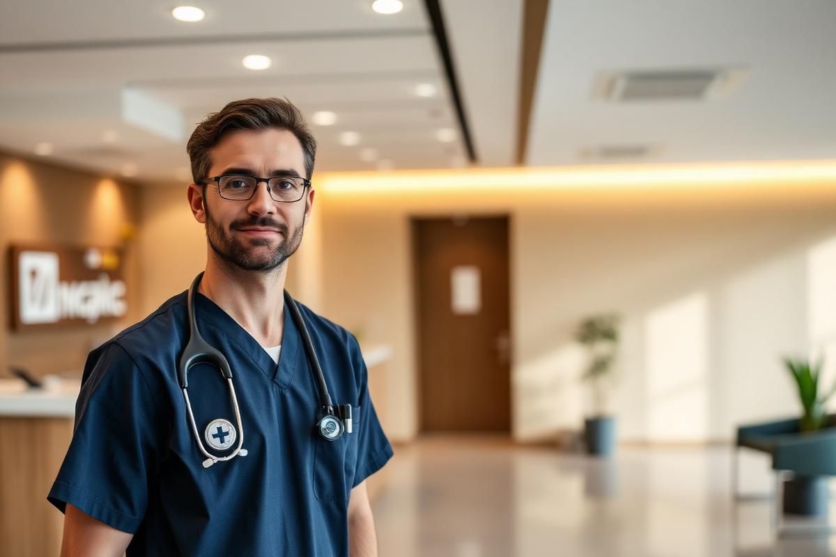 Physician standing in a modern clinic reception area