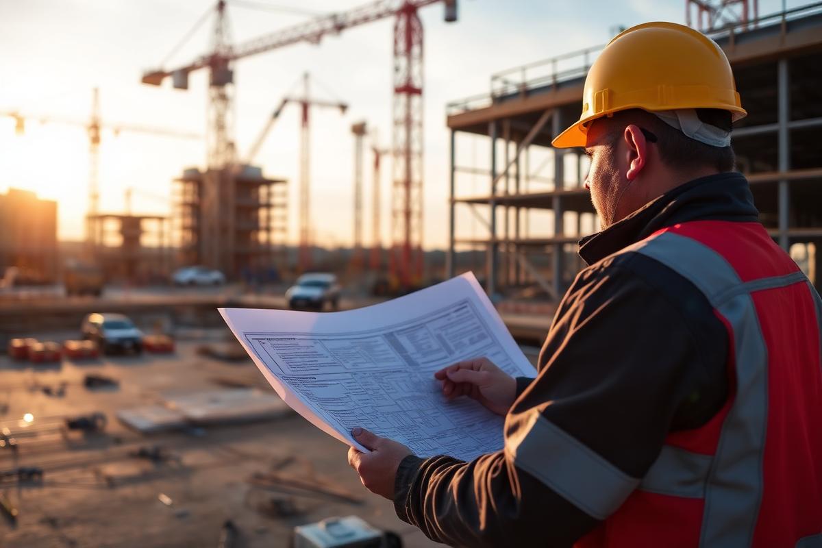 Construction project manager reviewing drawings on an active job site