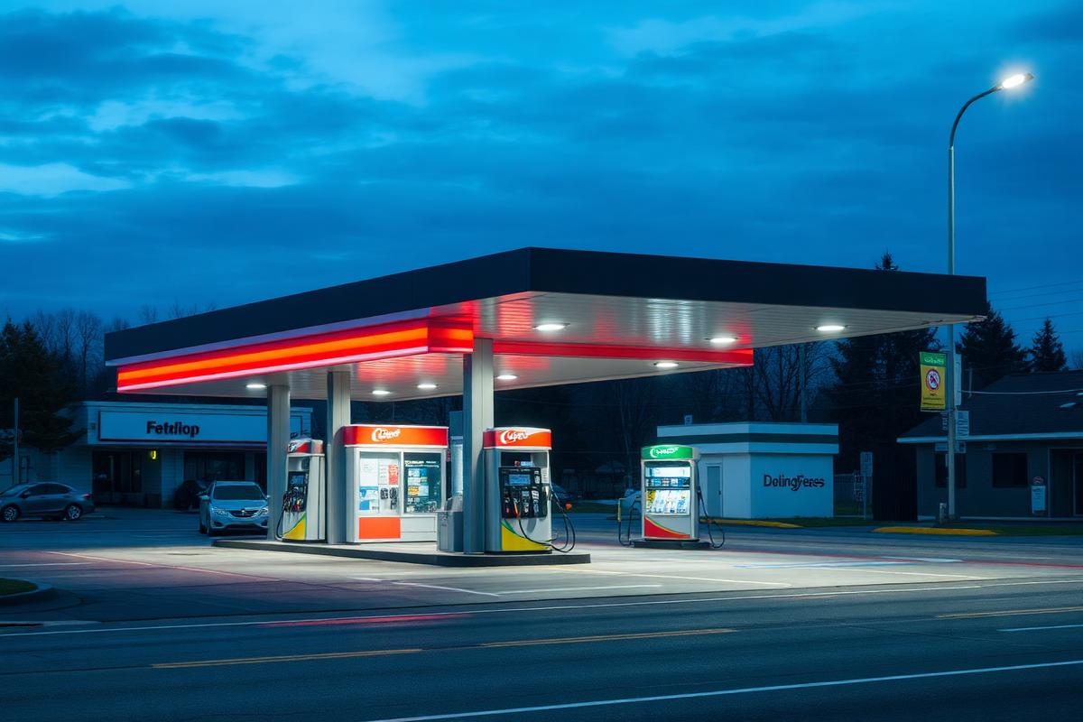 Modern fuel station and convenience store lit at dusk
