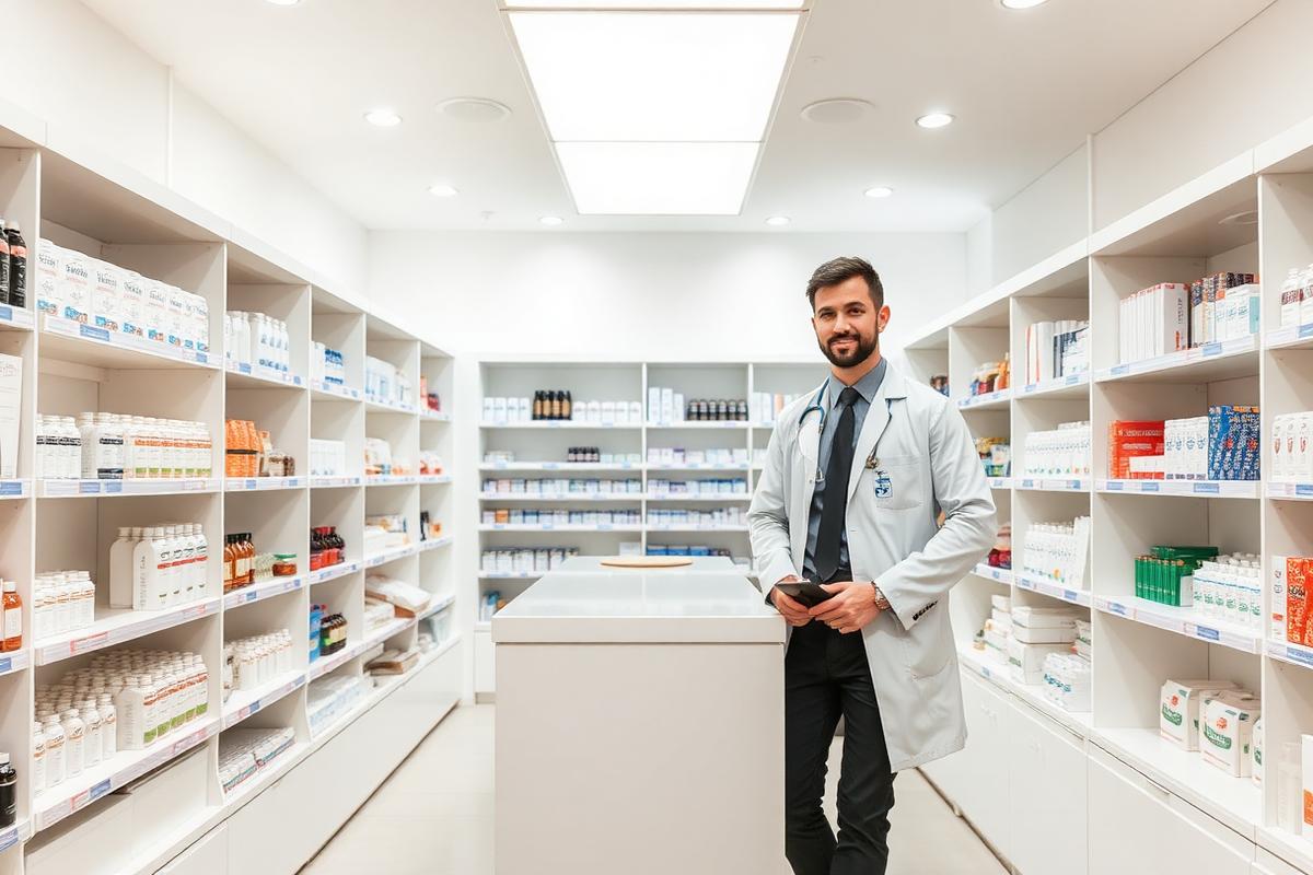 Independent pharmacy owner inside a modern dispensary
