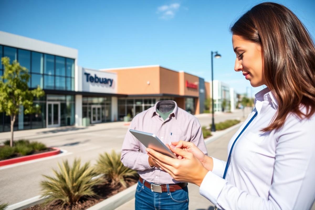 Property manager reviewing a commercial retail plaza on a tablet