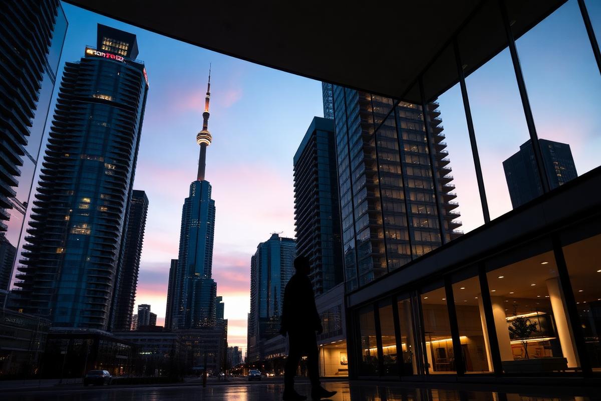 Real estate professional in a Toronto condo tower lobby at dusk