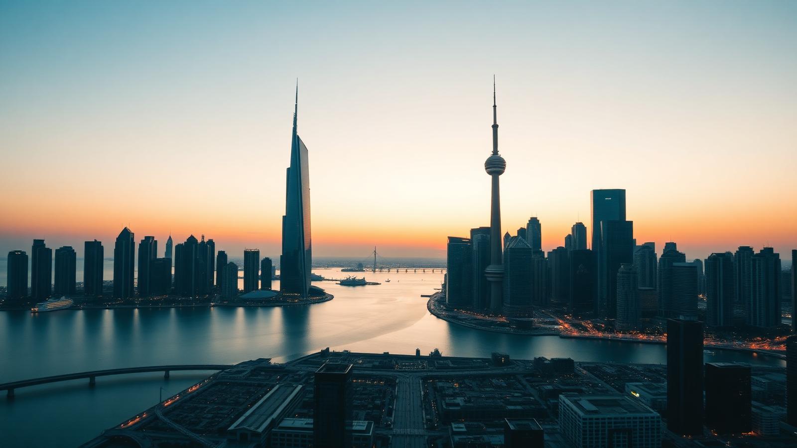 Dubai and Toronto skylines representing international entrepreneurs building Canadian businesses